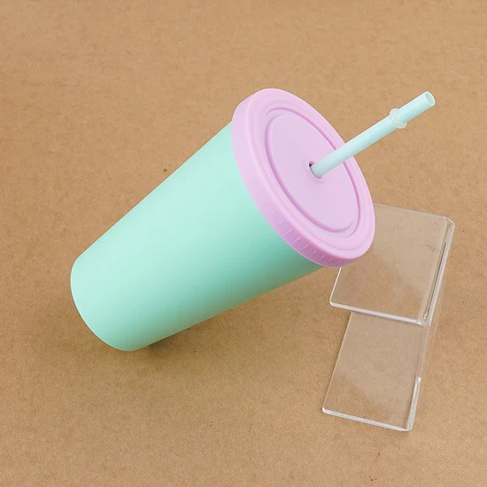 Double Layer Pastel Color Plastic Cup with Straw - Image 3