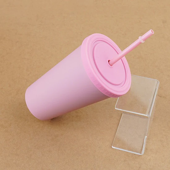 Double Layer Pastel Color Plastic Cup with Straw - Image 4